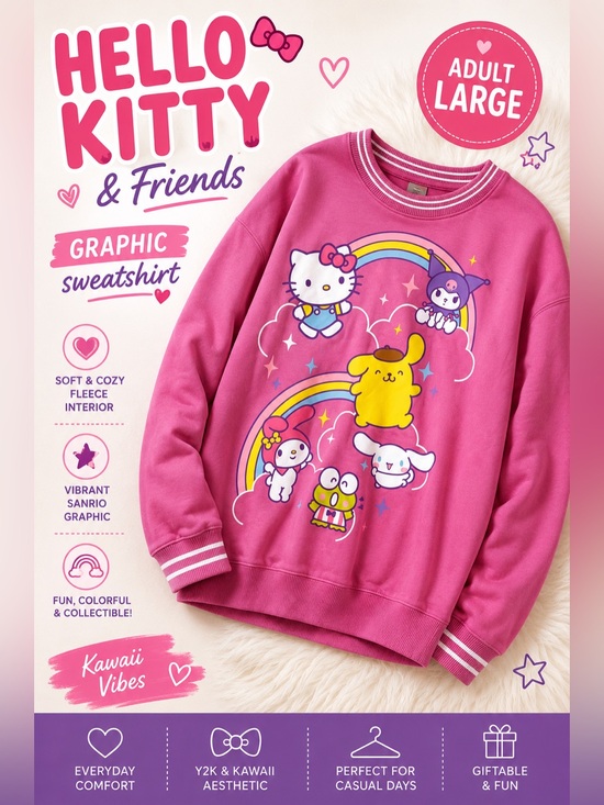 Hello Kitty Tops - Hello Kitty & Friends Pink Graphic Sweatshirt Sanrio Rainbow Crewneck